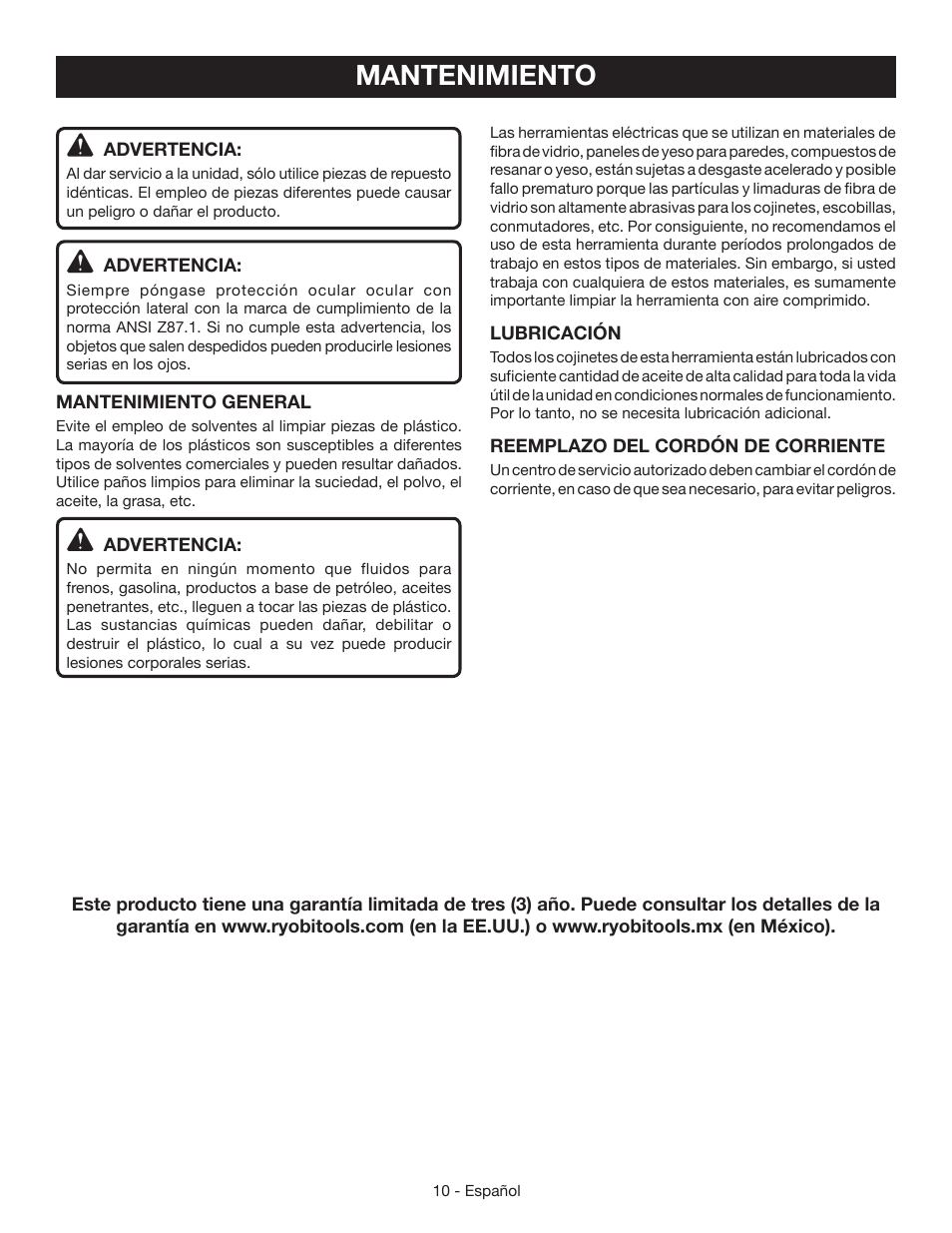 Mantenimiento | Ryobi S652D User Manual | Page 28 / 32