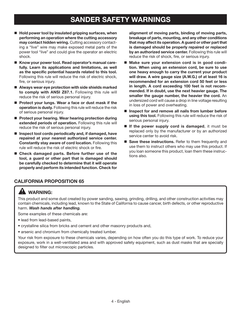 Sander safety warnings | Ryobi S652D User Manual | Page 4 / 32