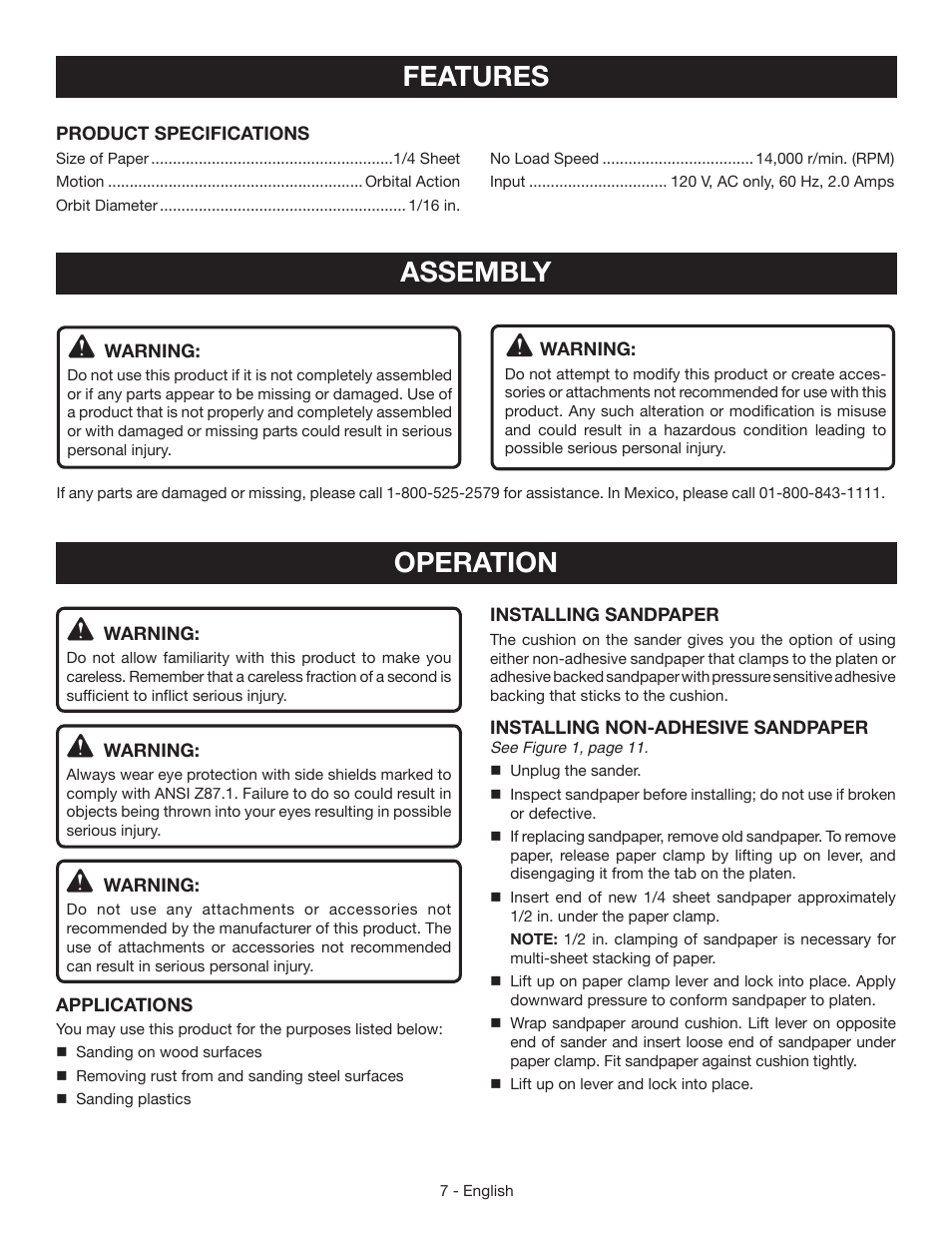 Features, Assembly, Operation | Ryobi S652D User Manual | Page 7 / 32