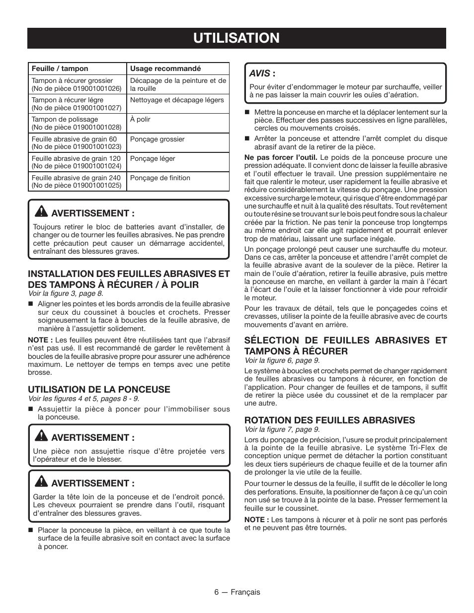 Utilisation, Avertissement, Utilisation de la ponceuse | Avis, Rotation des feuilles abrasives | Ryobi P400 User Manual | Page 12 / 24