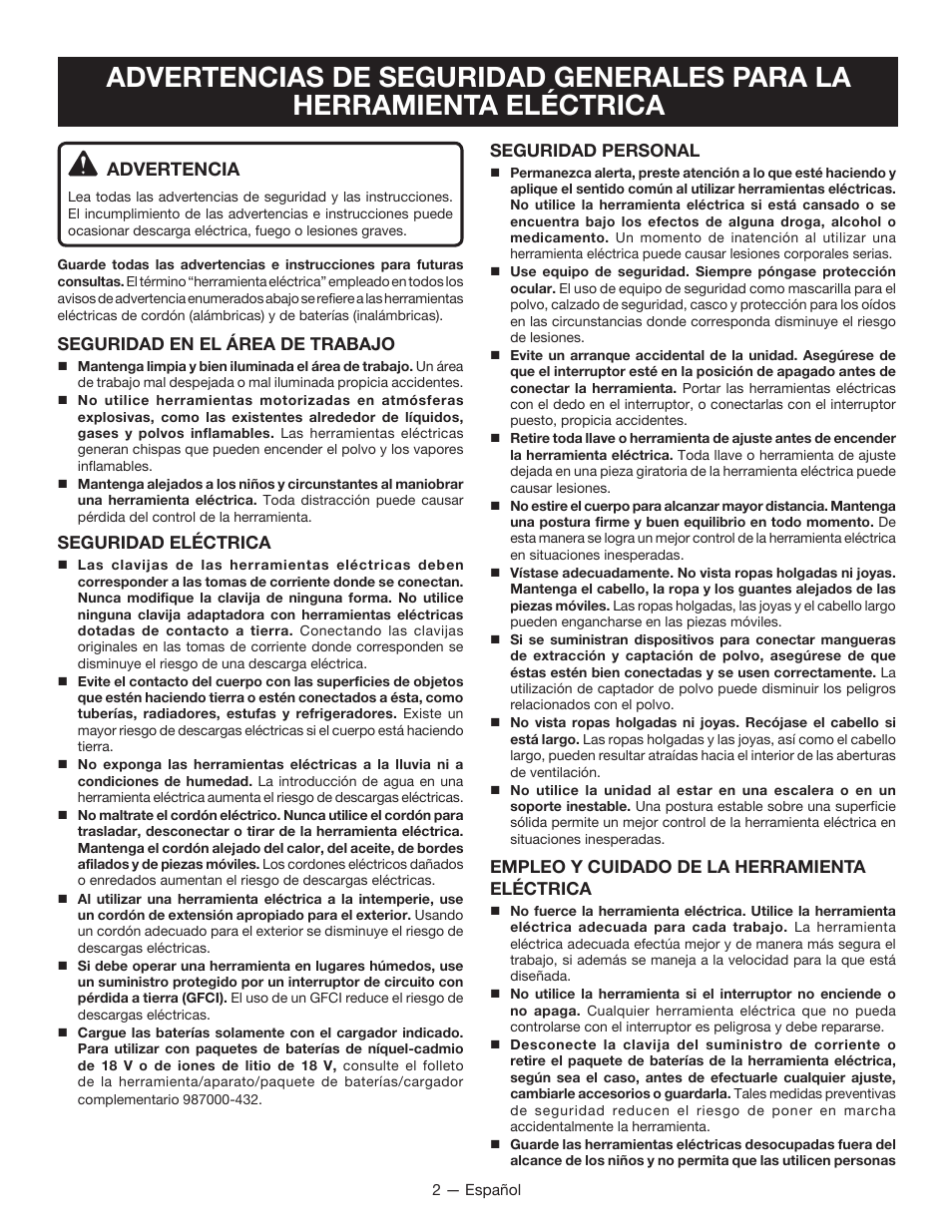 Advertencia | Ryobi P400 User Manual | Page 14 / 24