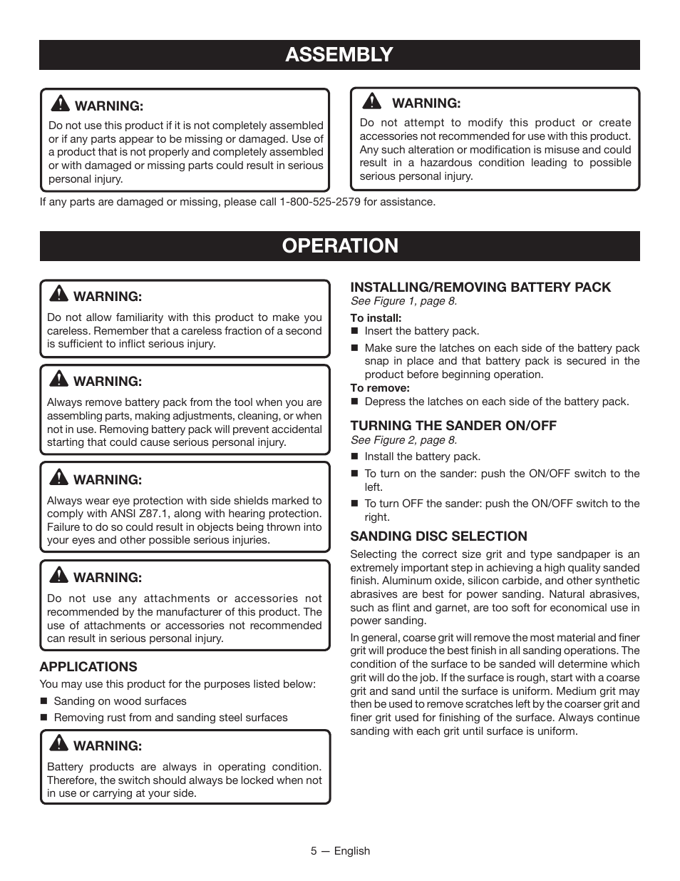 Operation, Assembly | Ryobi P400 User Manual | Page 5 / 24