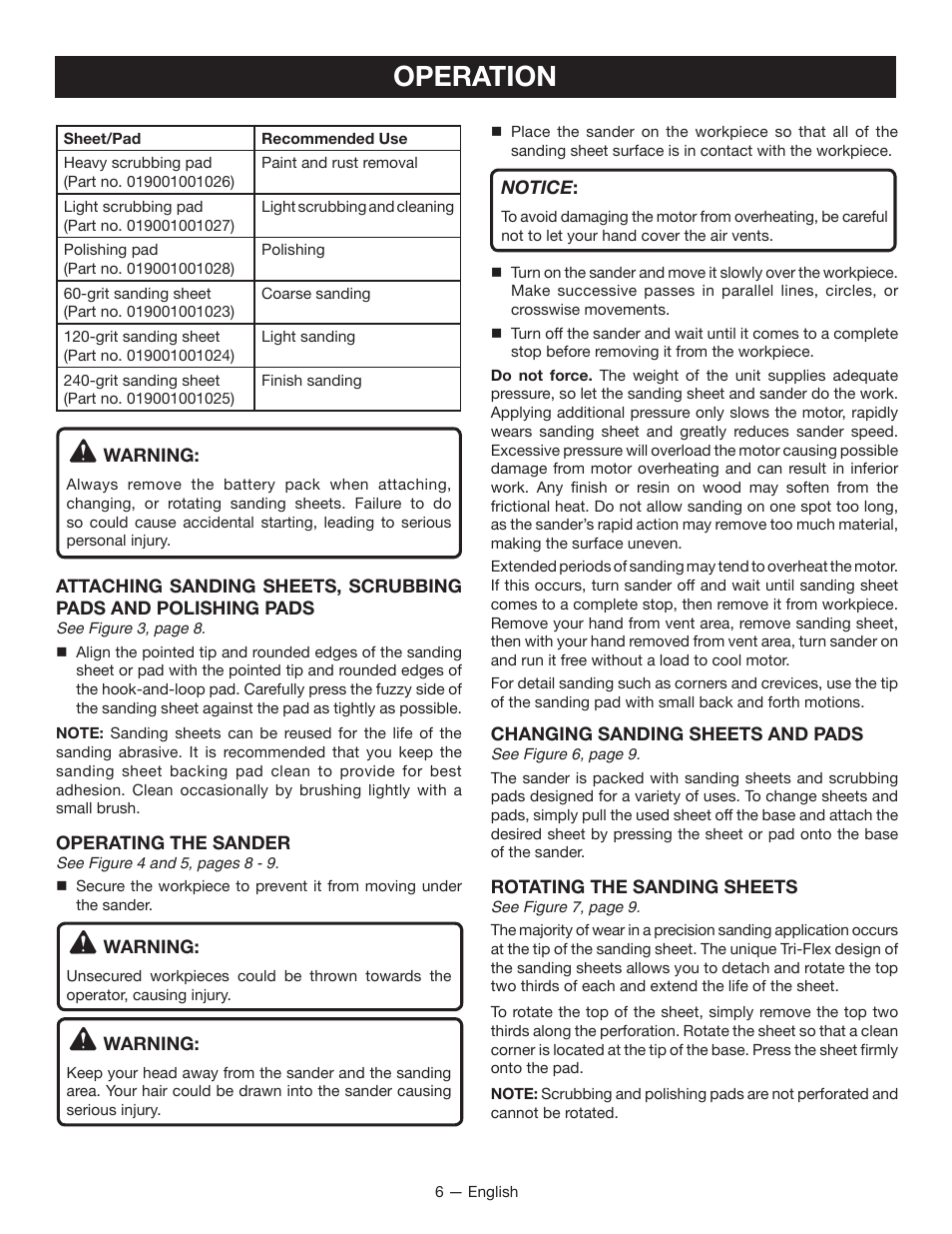 Operation | Ryobi P400 User Manual | Page 6 / 24