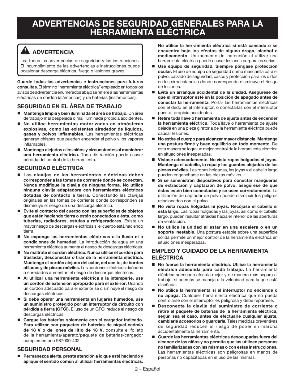 Advertencia | Ryobi P410 User Manual | Page 13 / 20