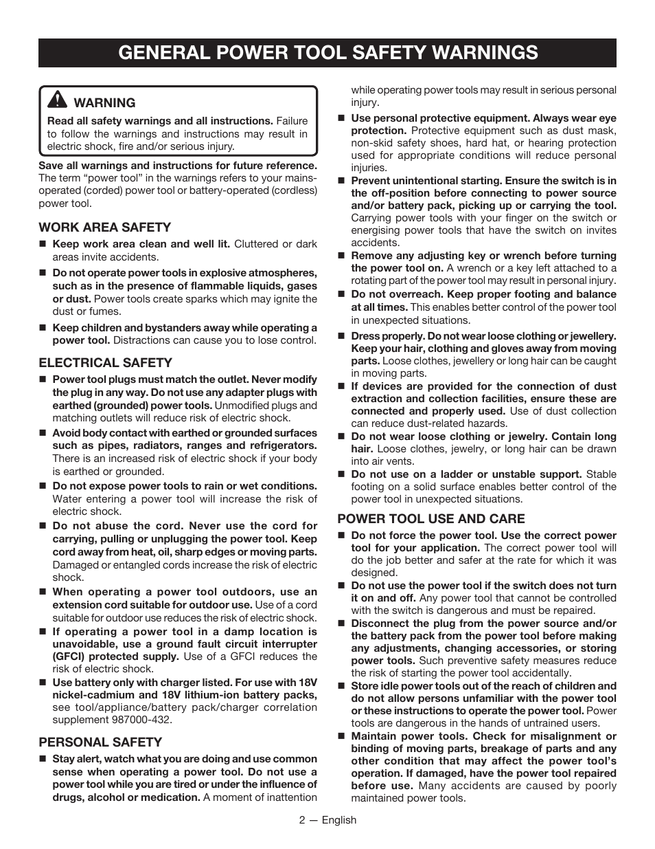 General power tool safety warnings | Ryobi P410 User Manual | Page 2 / 20