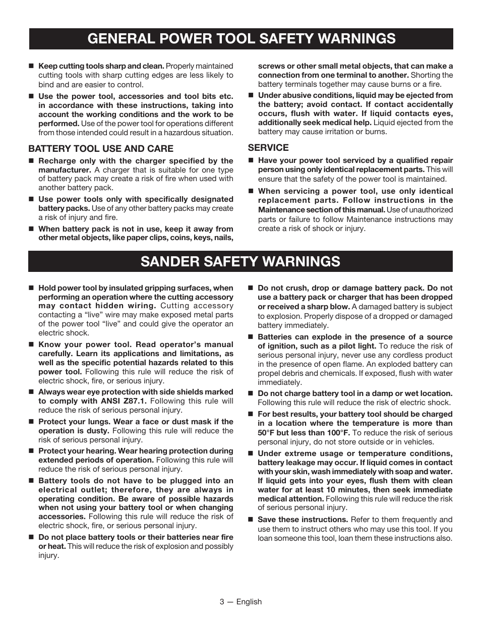 General power tool safety warnings, Sander safety warnings | Ryobi P410 User Manual | Page 3 / 20