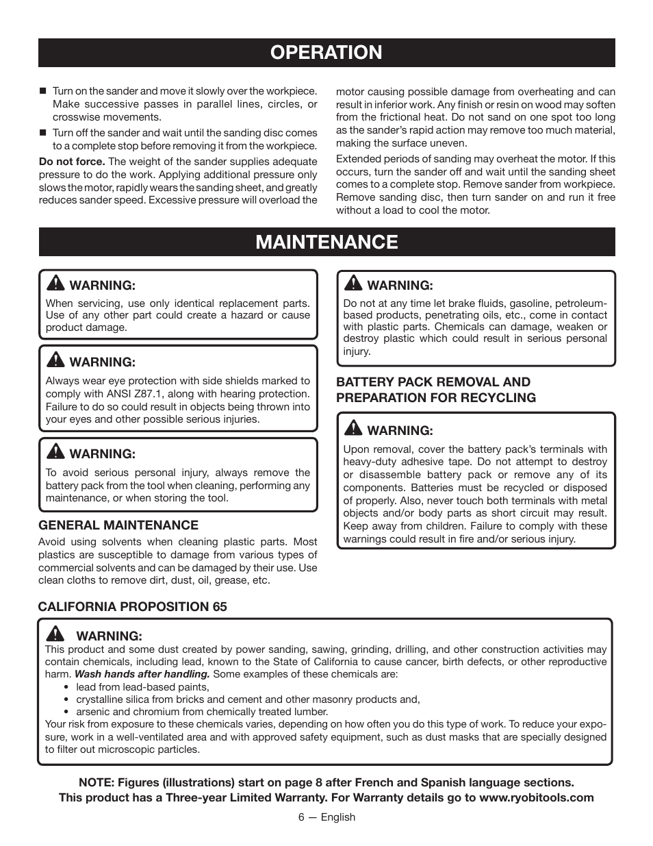 Operation, Maintenance | Ryobi P410 User Manual | Page 6 / 20