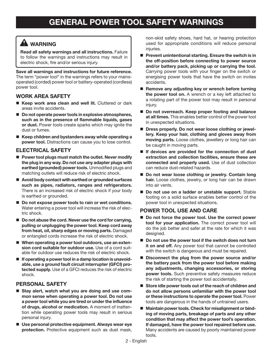 General power tool safety warnings | Ryobi S631D User Manual | Page 2 / 28