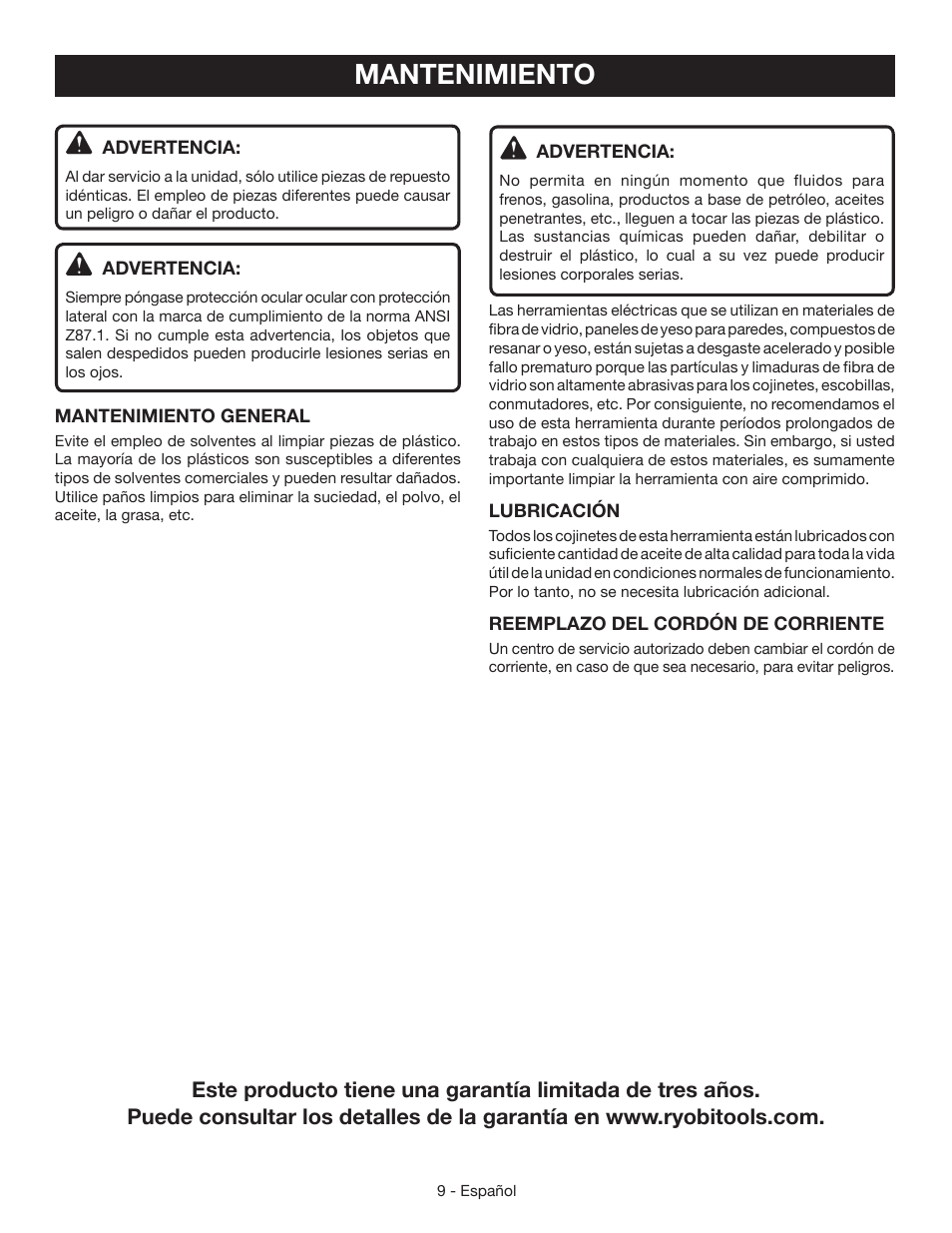 Mantenimiento | Ryobi S631D User Manual | Page 25 / 28