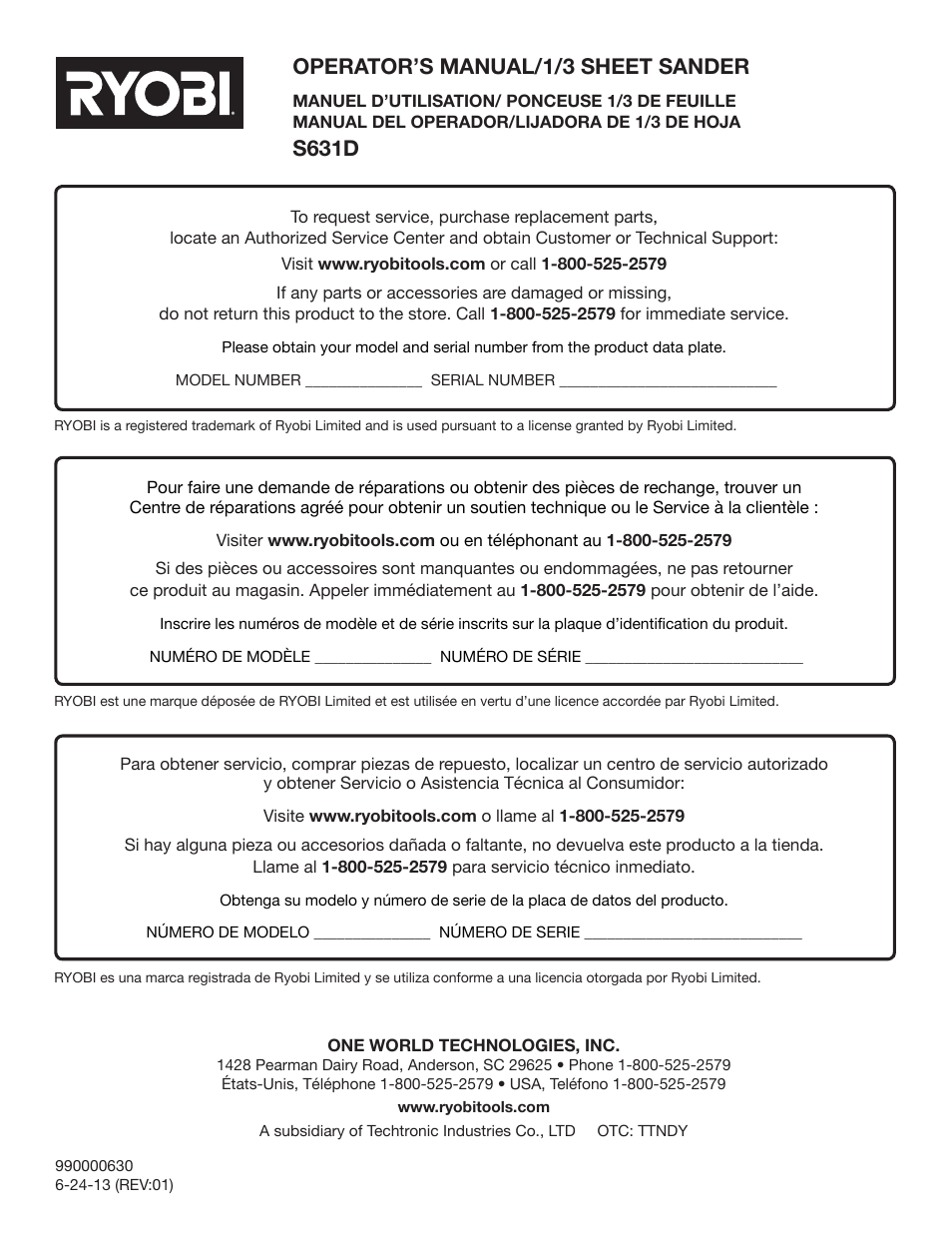 Operator’s manual/1/3 sheet sander, S631d | Ryobi S631D User Manual | Page 28 / 28