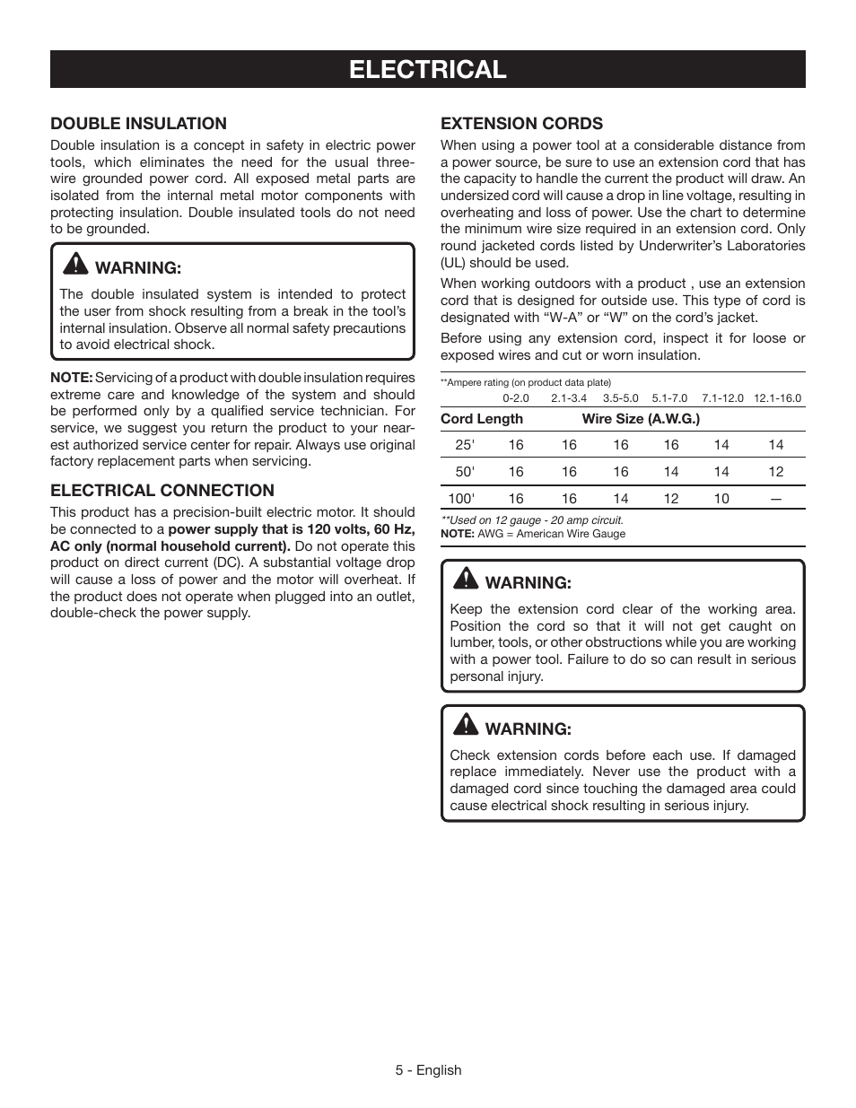 Electrical | Ryobi S631D User Manual | Page 5 / 28