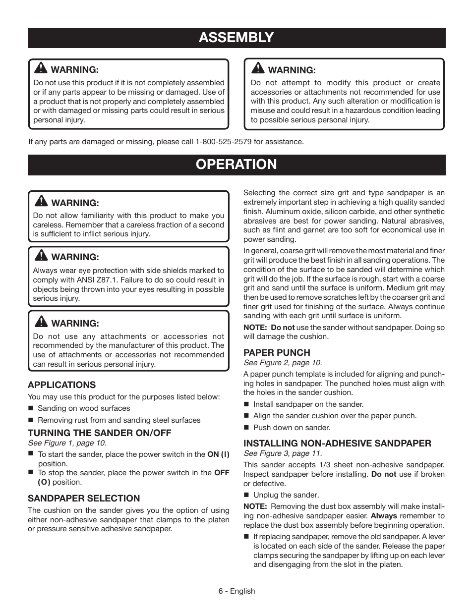 Operation, Assembly | Ryobi S631D User Manual | Page 6 / 28