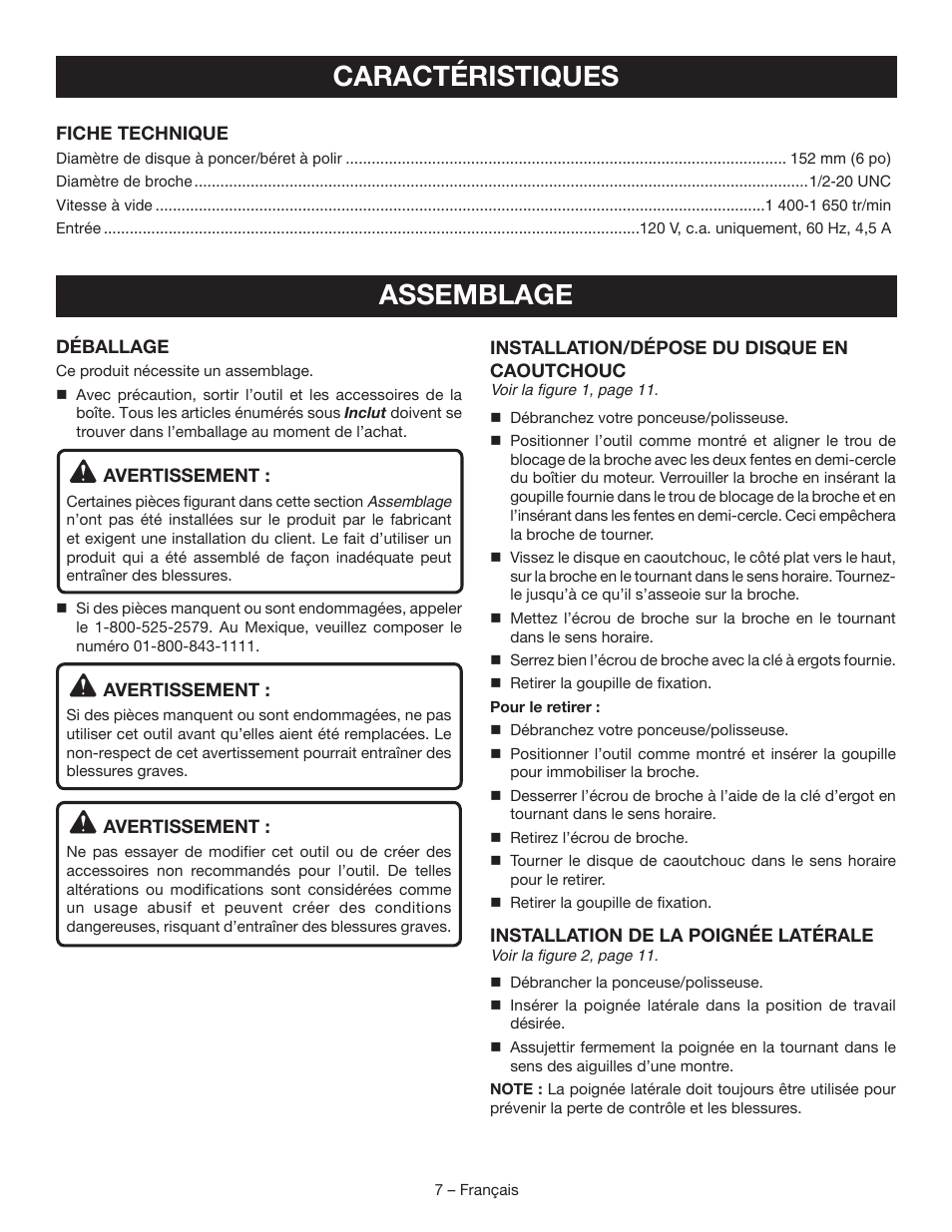 Caractéristiques assemblage | Ryobi SP450 User Manual | Page 16 / 32