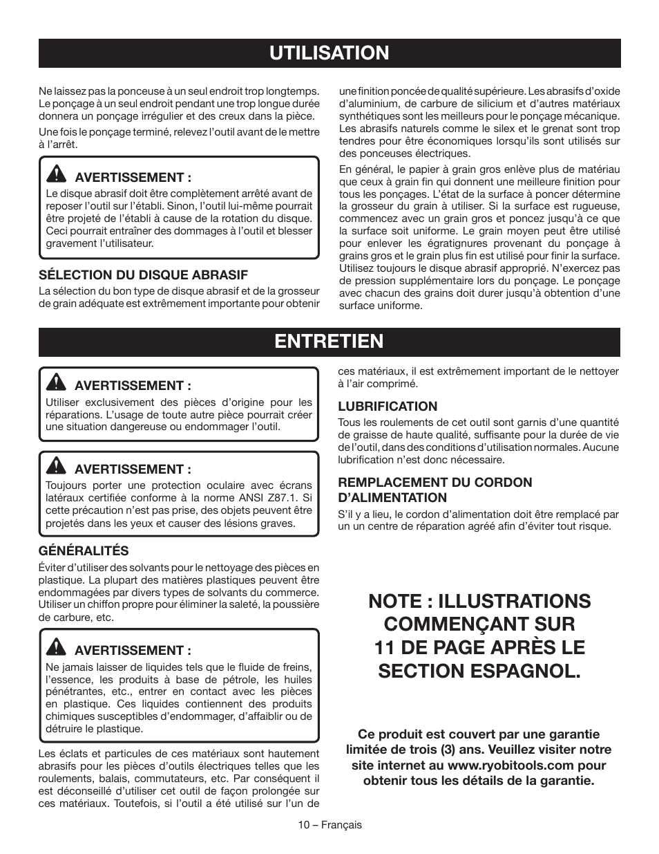 Entretien, Utilisation | Ryobi SP450 User Manual | Page 19 / 32