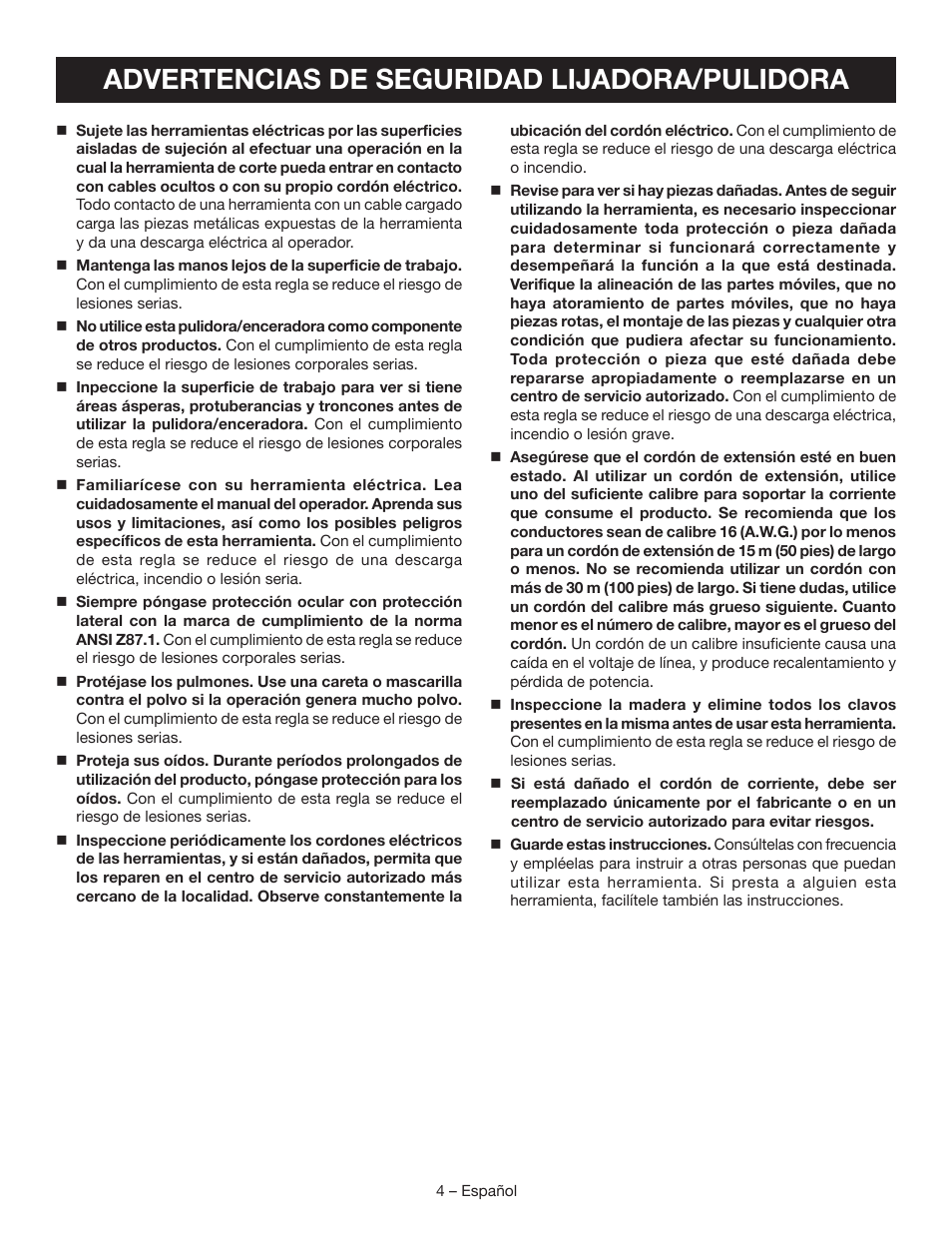 Advertencias de seguridad lijadora/pulidora | Ryobi SP450 User Manual | Page 22 / 32