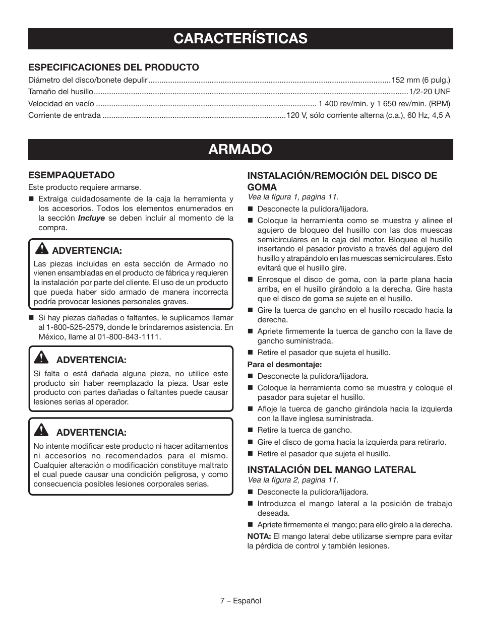 Características armado | Ryobi SP450 User Manual | Page 25 / 32