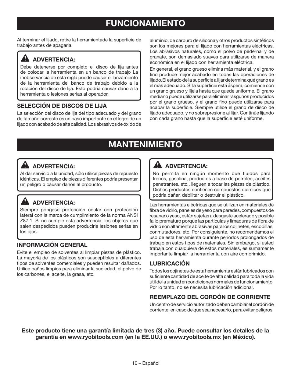 Mantenimiento, Funcionamiento | Ryobi SP450 User Manual | Page 28 / 32