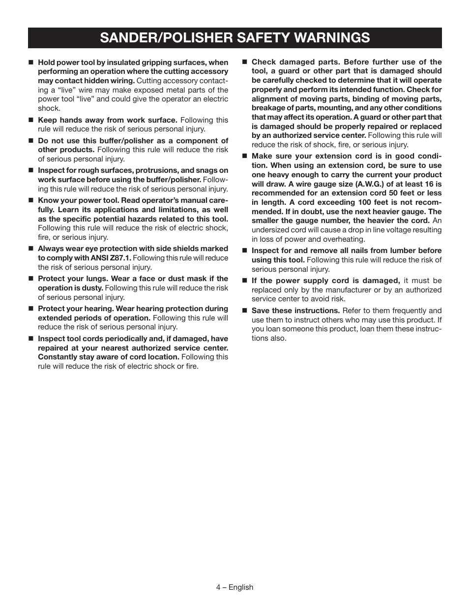 Sander/polisher safety warnings | Ryobi SP450 User Manual | Page 4 / 32