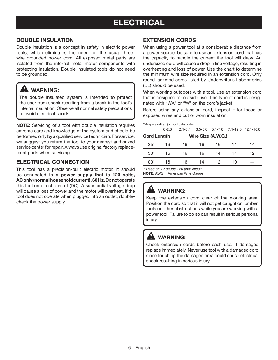 Electrical | Ryobi SP450 User Manual | Page 6 / 32