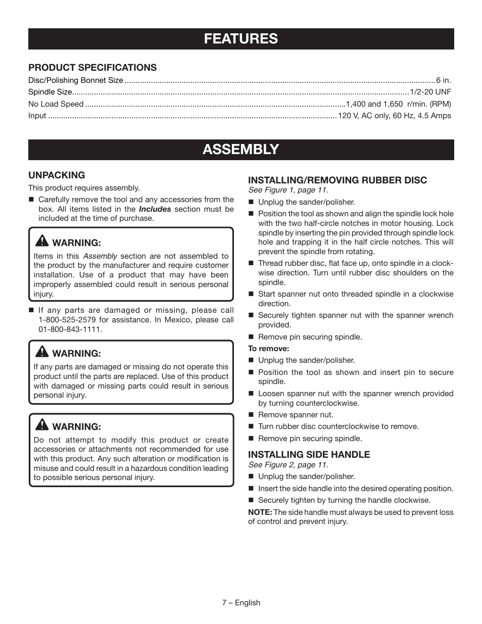 Features, Assembly | Ryobi SP450 User Manual | Page 7 / 32