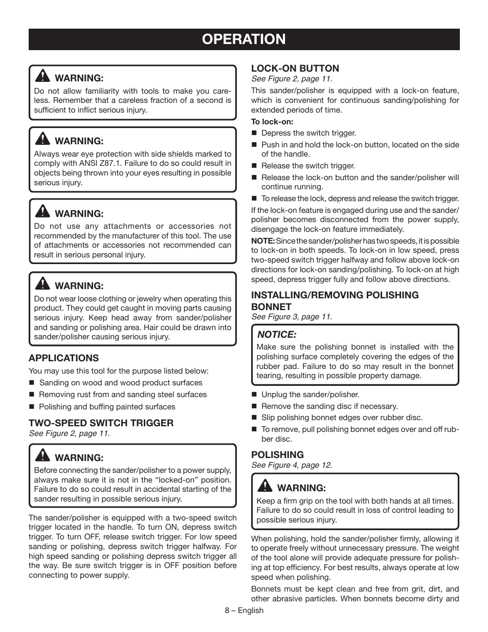 Operation | Ryobi SP450 User Manual | Page 8 / 32