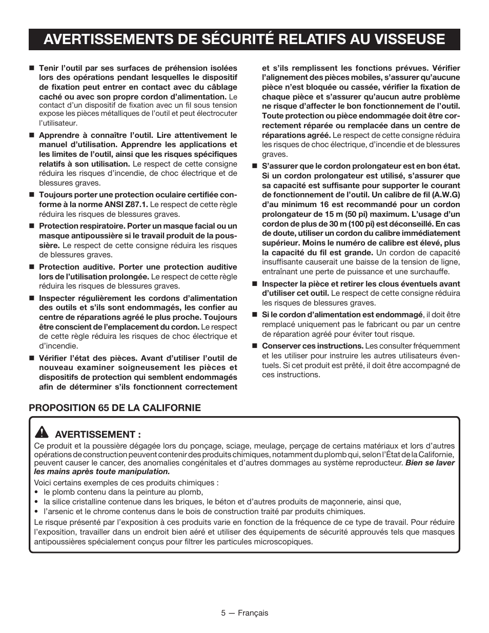 Avertissements de sécurité relatifs au visseuse | Ryobi DG100 User Manual | Page 14 / 32
