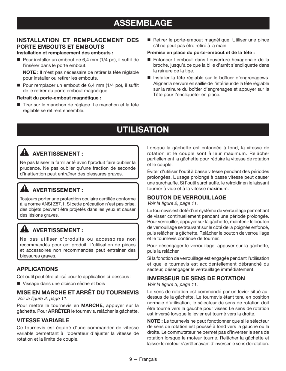 Assemblage, Utilisation | Ryobi DG100 User Manual | Page 18 / 32