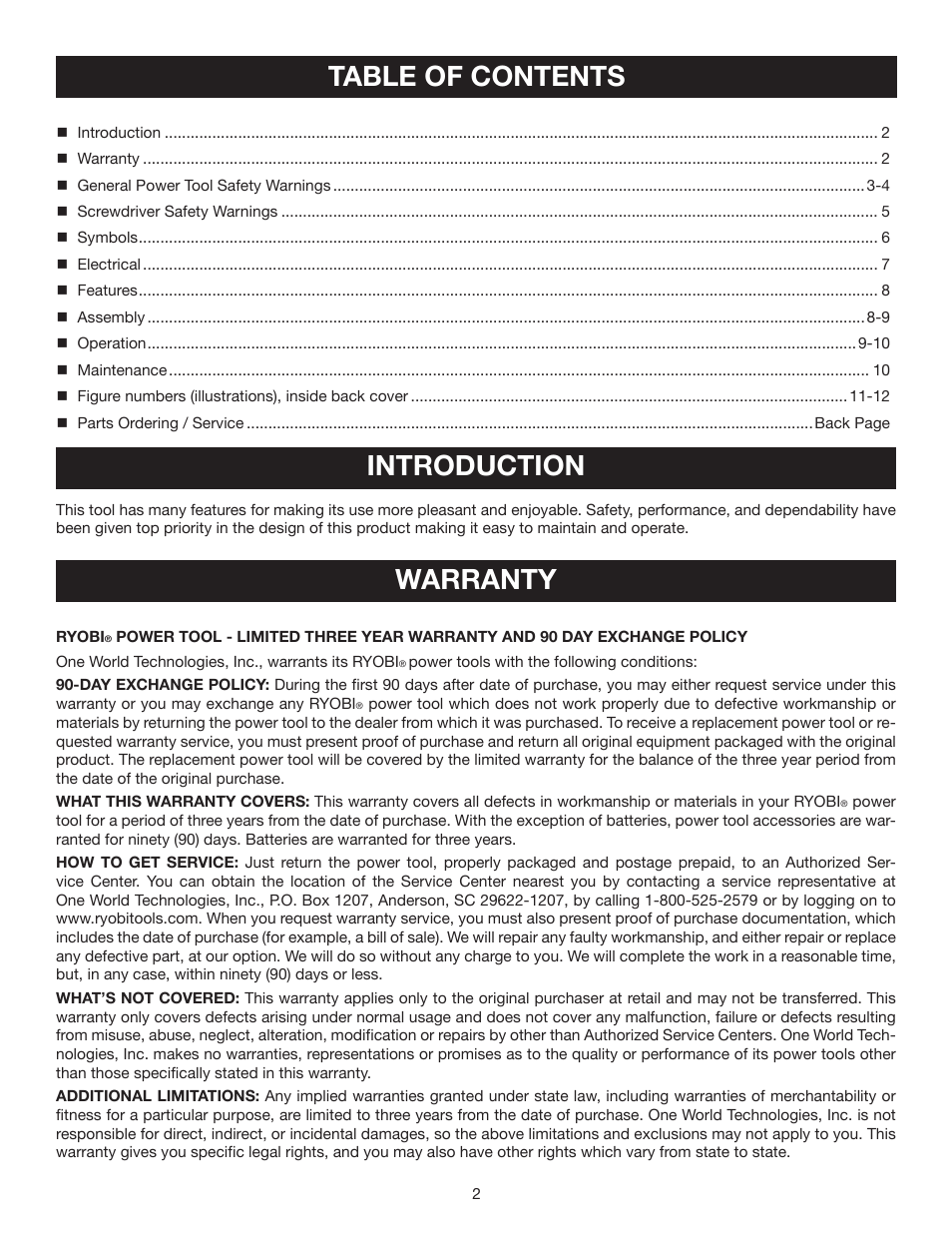 Table of contents introduction, Warranty | Ryobi DG100 User Manual | Page 2 / 32