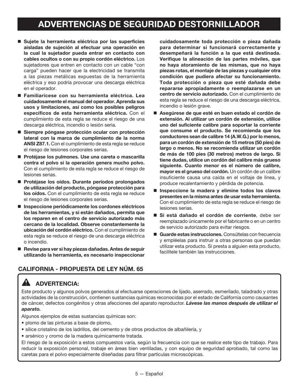 Advertencias de seguridad destornillador | Ryobi DG100 User Manual | Page 23 / 32