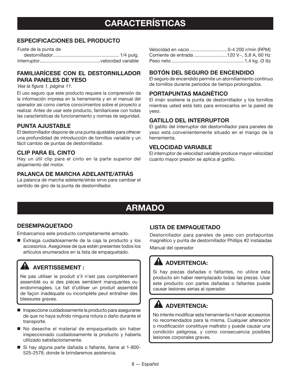 Características armado | Ryobi DG100 User Manual | Page 26 / 32