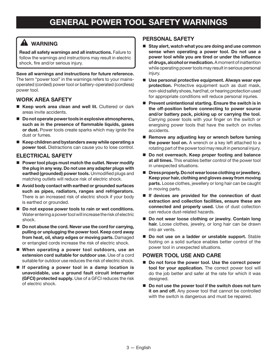 General power tool safety warnings | Ryobi DG100 User Manual | Page 3 / 32