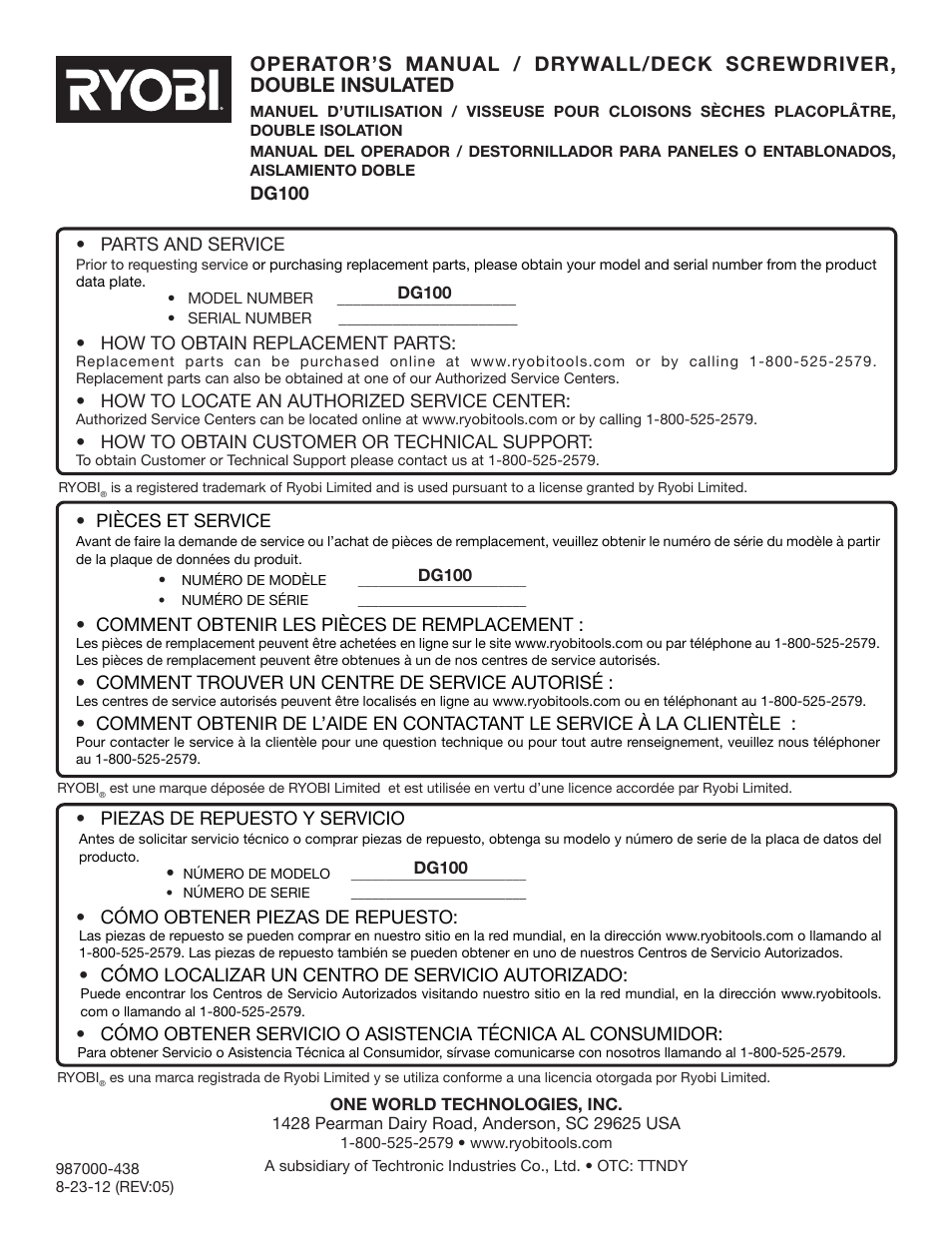 Ryobi DG100 User Manual | Page 32 / 32