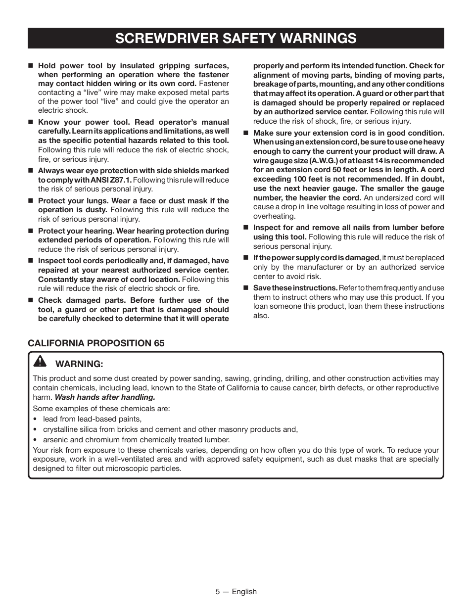 Screwdriver safety warnings | Ryobi DG100 User Manual | Page 5 / 32