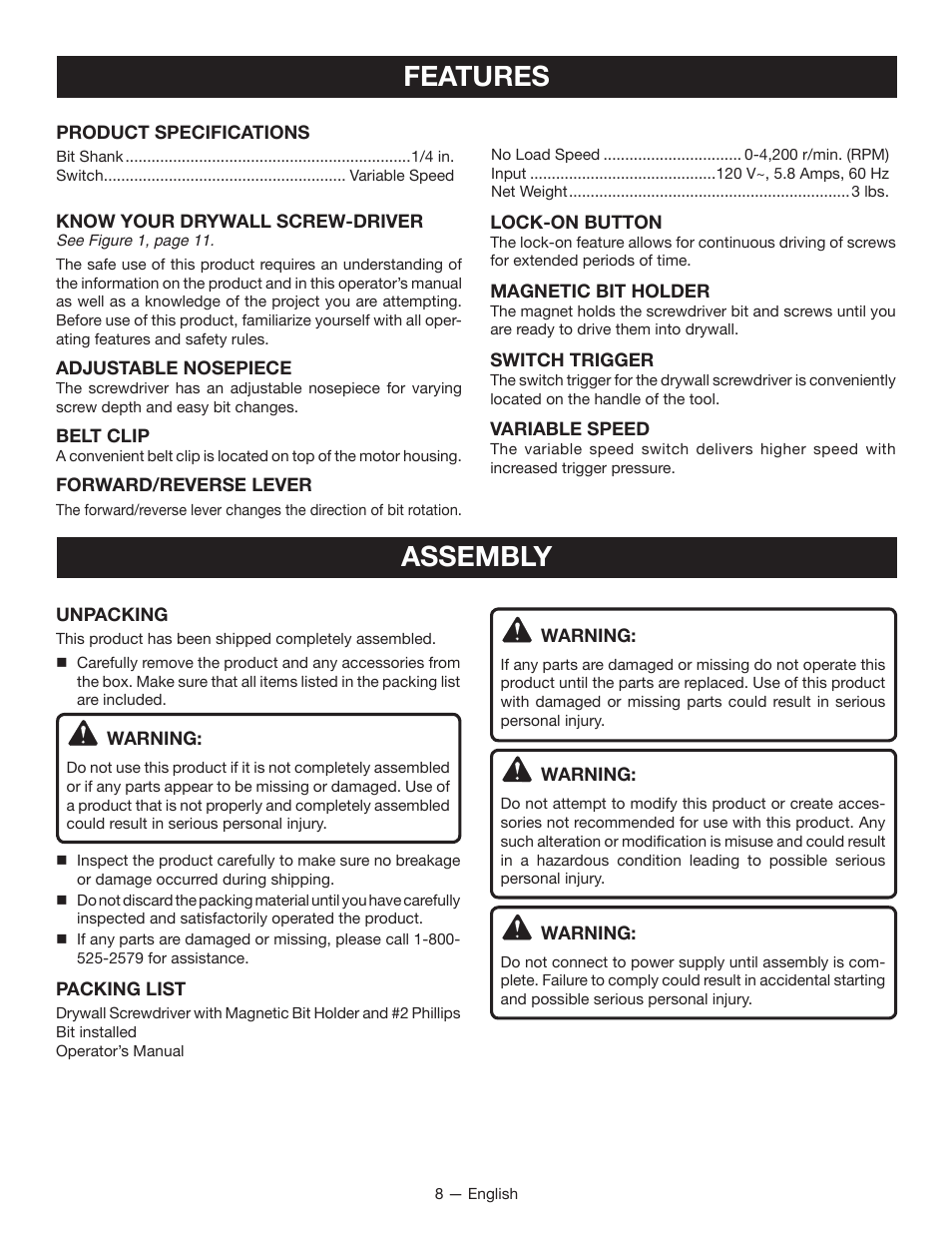 Features assembly | Ryobi DG100 User Manual | Page 8 / 32