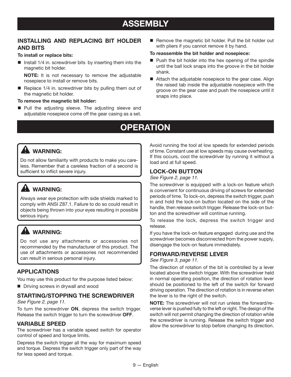 Assembly, Operation | Ryobi DG100 User Manual | Page 9 / 32