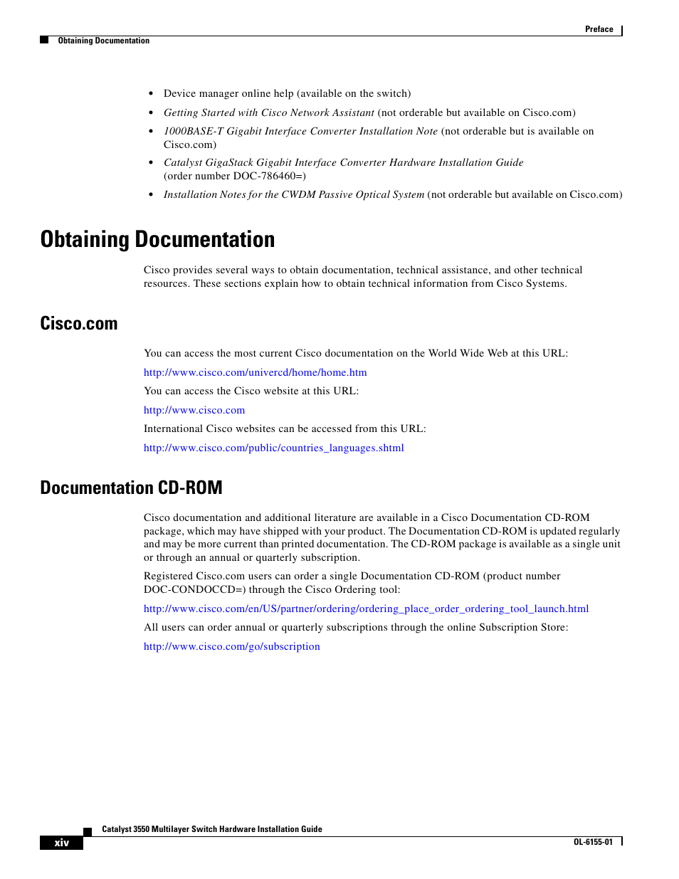 Obtaining documentation, Cisco.com, Documentation cd-rom | Cisco 3550 User Manual | Page 14 / 86