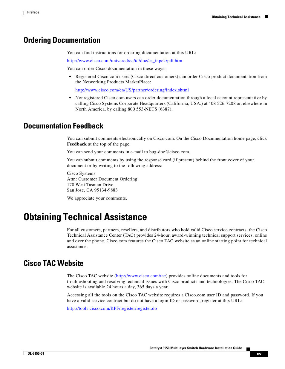 Ordering documentation, Documentation feedback, Obtaining technical assistance | Cisco tac website | Cisco 3550 User Manual | Page 15 / 86