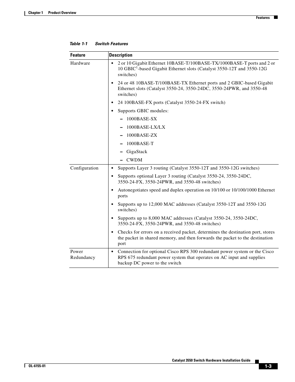 Table 1-1 | Cisco 3550 User Manual | Page 21 / 86