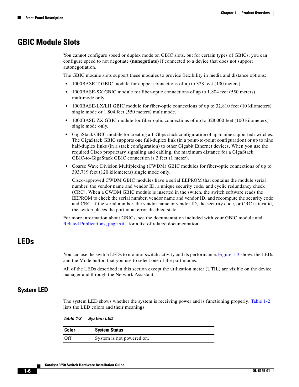 Gbic module slots, Leds, System led | Cisco 3550 User Manual | Page 24 / 86