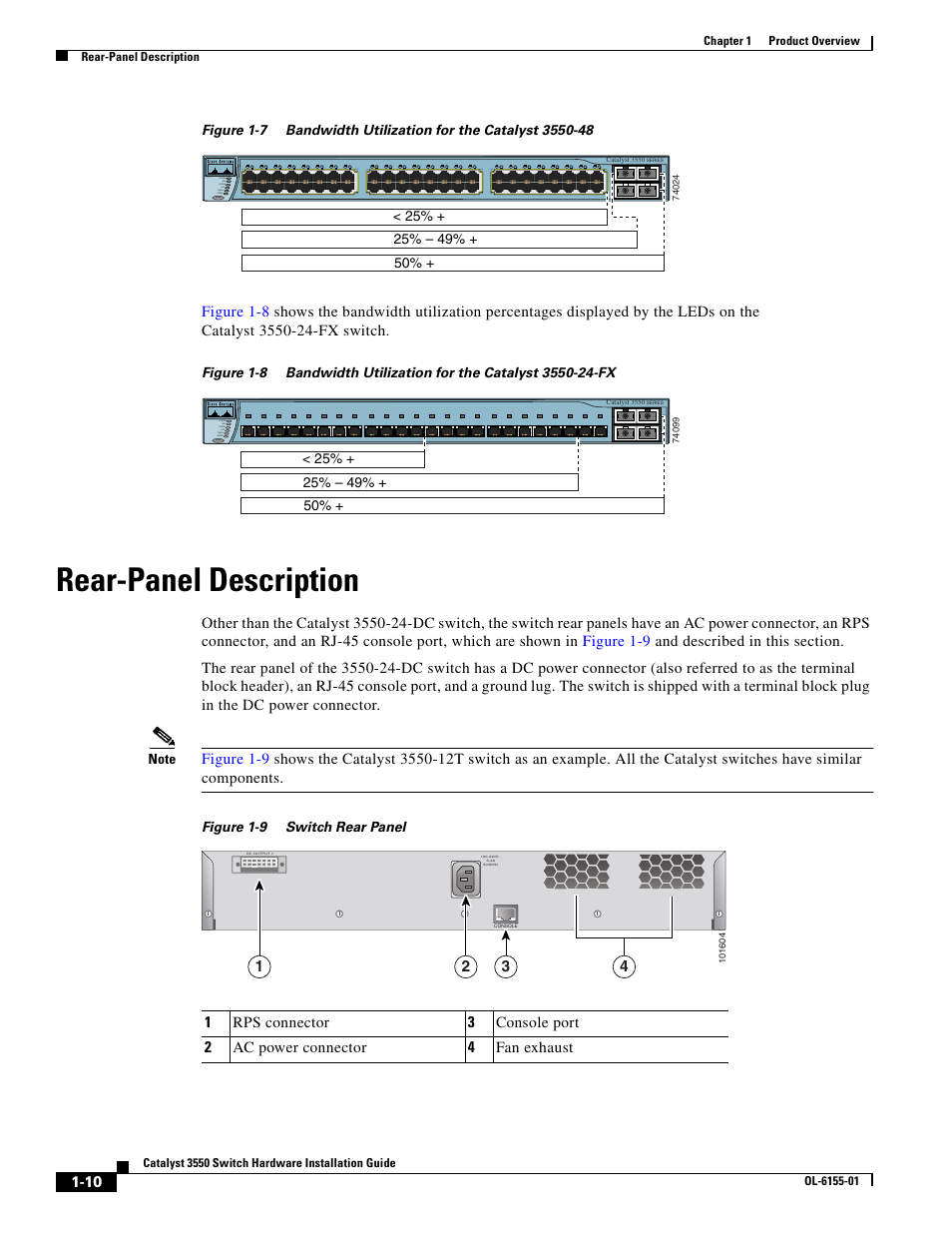 Rear-panel description, Figure 1-8, Figure 1-7 | Speed system rps status mode util duplx | Cisco 3550 User Manual | Page 28 / 86