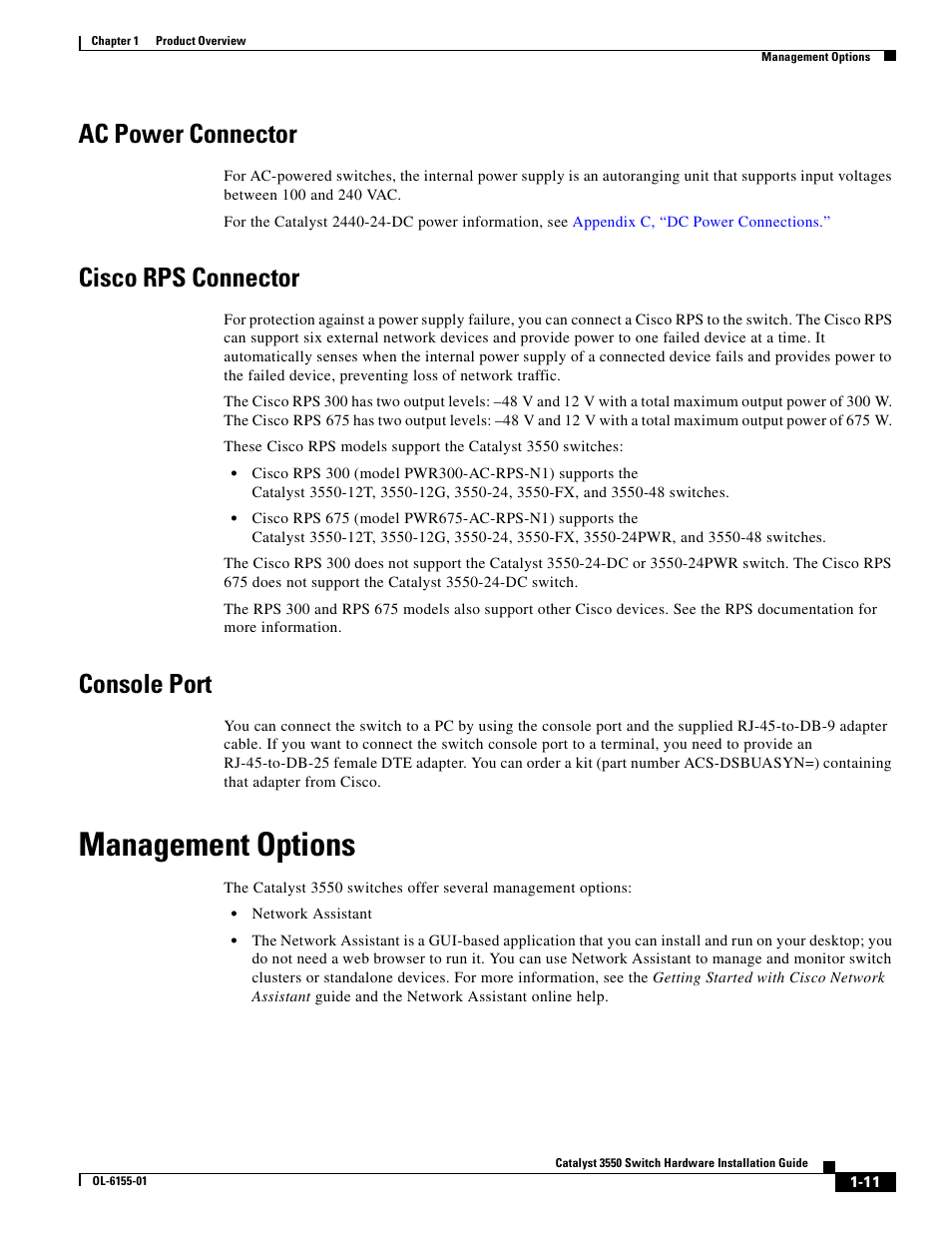 Ac power connector, Cisco rps connector, Console port | Management options | Cisco 3550 User Manual | Page 29 / 86