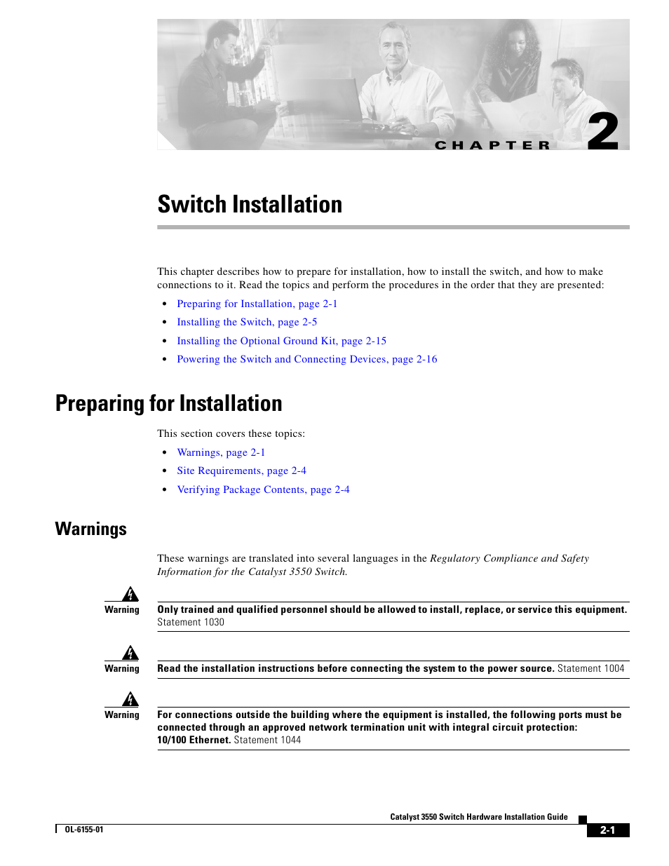 Switch installation, Preparing for installation, Warnings | C h a p t e r | Cisco 3550 User Manual | Page 31 / 86