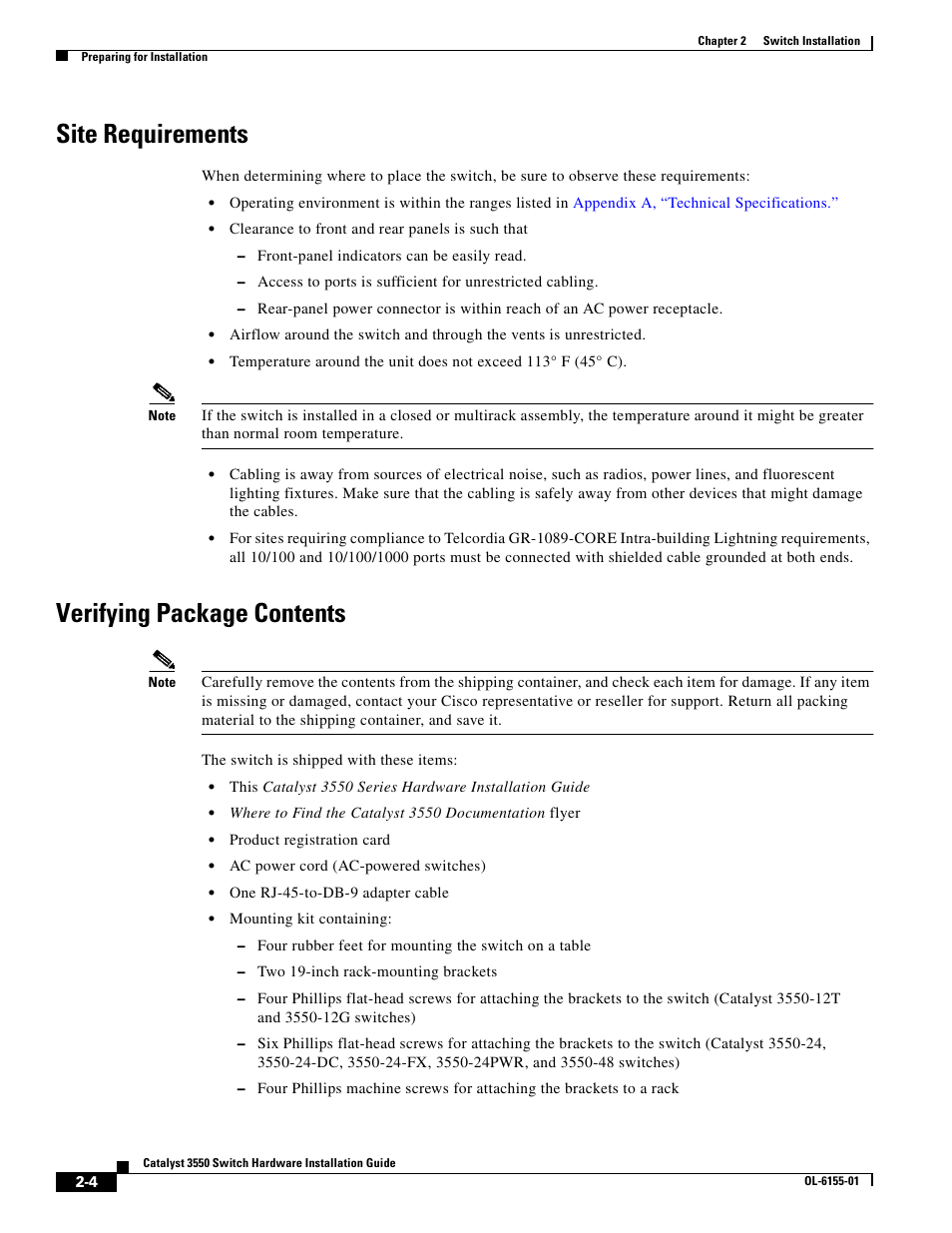 Site requirements, Verifying package contents | Cisco 3550 User Manual | Page 34 / 86