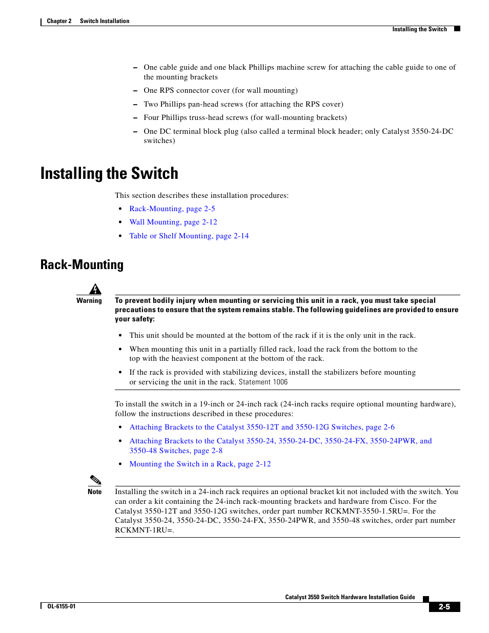 Installing the switch, Rack-mounting | Cisco 3550 User Manual | Page 35 / 86