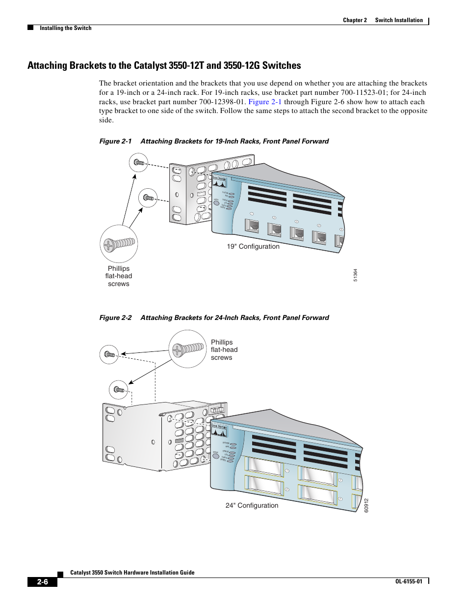 Phillips flat-head screws 19" configuration, Phillips flat-head screws 24" configuration | Cisco 3550 User Manual | Page 36 / 86