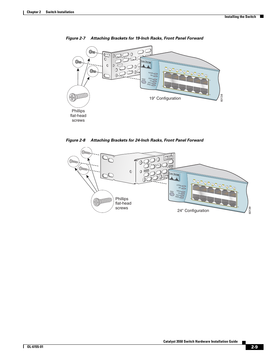 Figure 2-7, Phillips flat-head screws 19" configuration, Phillips flat-head screws 24" configuration | Cisco 3550 User Manual | Page 39 / 86