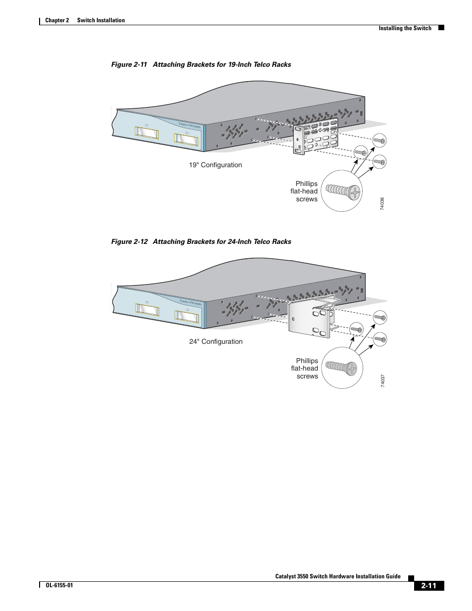 H figure 2-12, Phillips flat-head screws 19" configuration, Phillips flat-head screws 24" configuration | Cisco 3550 User Manual | Page 41 / 86