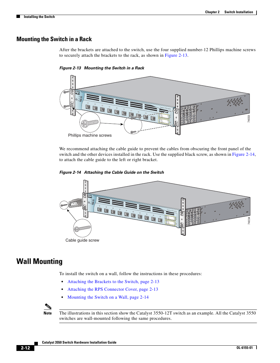 Mounting the switch in a rack, Wall mounting, Attaching the brackets to the switch, page 2-13 | Attaching the rps connector cover, page 2-13, Mounting the switch on a wall, page 2-14, Figure 2-13 mounting the switch in a rack, Cable guide screw | Cisco 3550 User Manual | Page 42 / 86