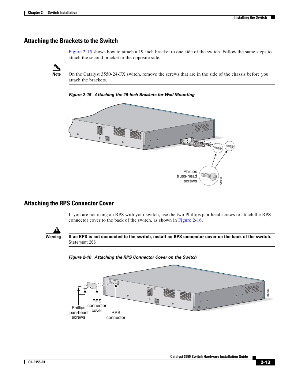 Attaching the brackets to the switch, Attaching the rps connector cover | Cisco 3550 User Manual | Page 43 / 86