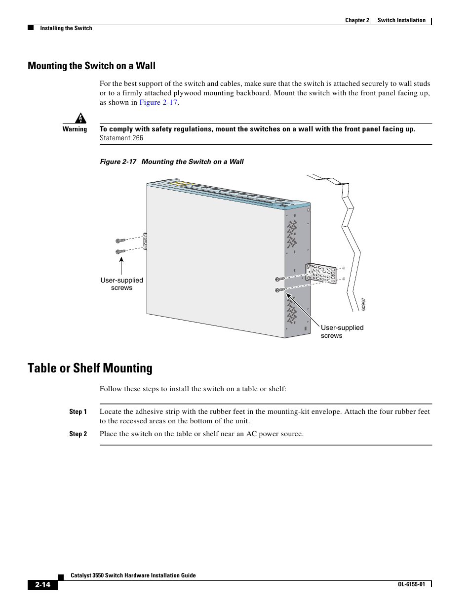 Mounting the switch on a wall, Table or shelf mounting | Cisco 3550 User Manual | Page 44 / 86